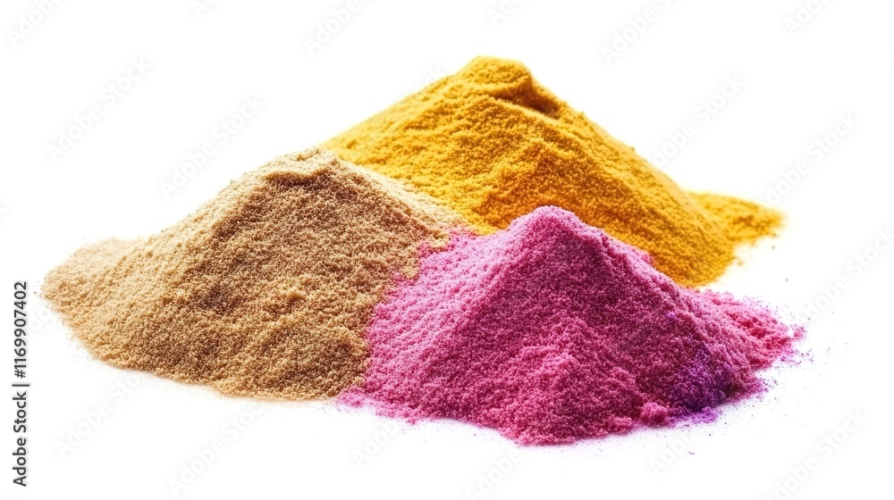 Fototapeta premium Beautiful color sand arranged on a white background, showcasing vibrant hues of pink, blue, yellow, green, and purple, ideal for artistic compositions and creative design concepts.