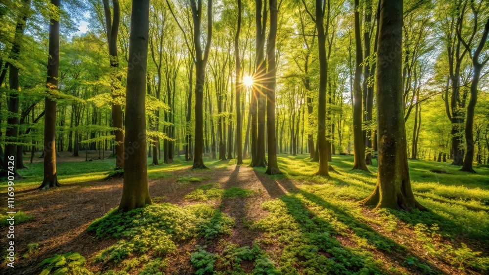 Obraz premium Dense foliage with sunlight filtering through the canopy, casting dappled shadows on forest floor , nature, spring