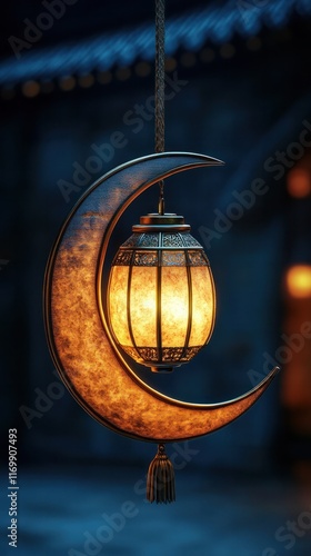 Glowing crescent moon shaped lantern a traditional oriental for festive and spiritual rituals  Hanging in the night sky the lantern s warm glow creates a mystical meditative atmosphere photo