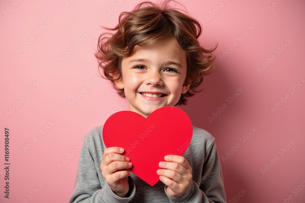 Happy Child Holding Red Heart Shape Cardstock, Perfect for Valentine's Day or Kids' Portrait Photography Happy Child Holding Red Heart Shape Cardstock, Perfect for Valentine's Day or Kids' Portrait Photography