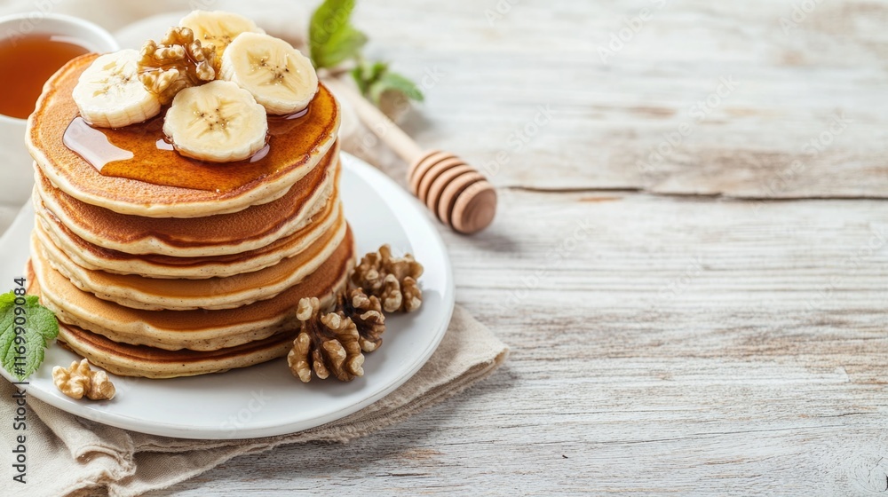 Fluffy pancakes with bananas, nuts and syrup on a rustic wooden table. Fluffy pancakes with bananas, nuts and syrup on a rustic wooden table.