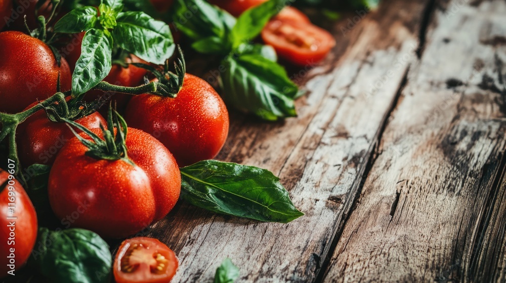 Fresh, vibrant, and ripe tomatoes on a wooden board with leaves. Ideal for cooking, salads or just eating raw. Fresh, vibrant, and ripe tomatoes on a wooden board with leaves. Ideal for cooking, salads or just eating raw.