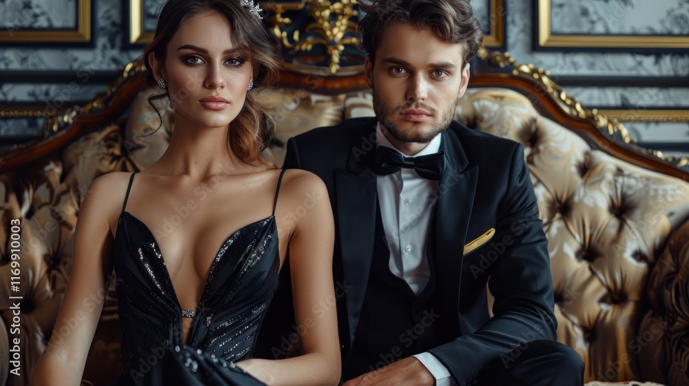 Elegant couple sitting on the sofa in classic elegant evening formal wear, AI generated image Elegant couple sitting on the sofa in classic elegant evening formal wear, AI generated image