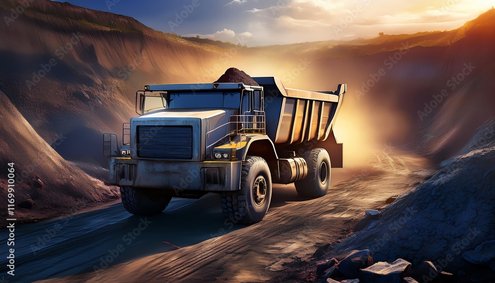 A large dump truck drives through a rugged terrain at sunset, showcasing the power of heavy machinery in mining or construction. A large dump truck drives through a rugged terrain at sunset, showcasing the power of heavy machinery in mining or construction.