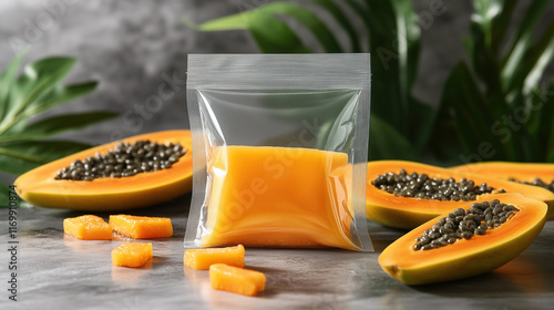 Clear resealable poly bag with Papaya Seed Extract powder, styled with papaya slices and tropical vibes. photo