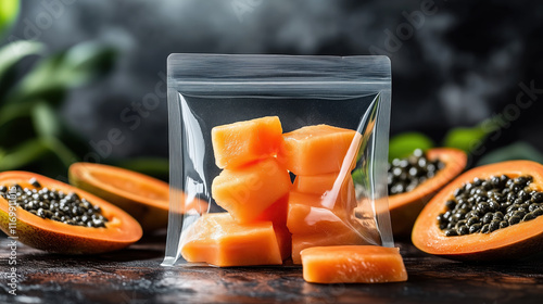 Clear Poly Bag with Papaya Seed Extract Powder and Fresh Papaya Slices, Tropical Vibe photo