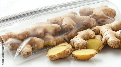 Ginger Root Extract Powder in a Resealable Bag, Styled with Fresh Ginger, Earthy Background photo