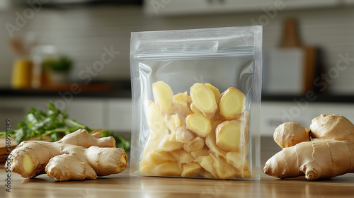 Clear Poly Bag with Ginger Extract Powder and Fresh Ginger, Minimal Clean Background photo