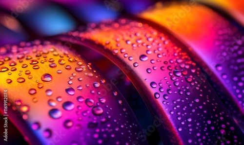 Colorful metallic curves with water droplets.