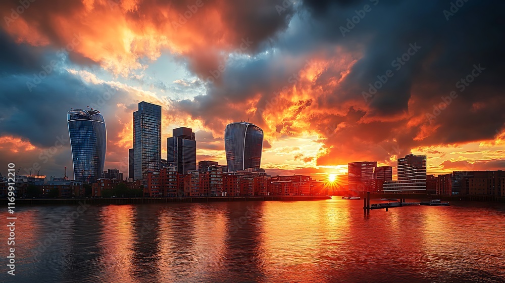 Fototapeta premium London Skyline Sunset Fiery Clouds Cityscape River Reflection