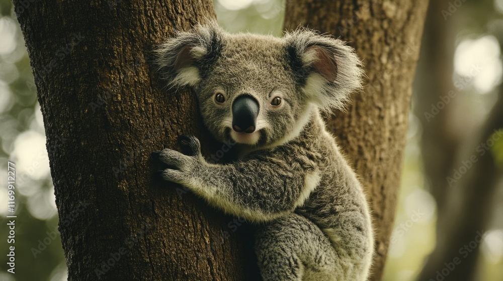 Fototapeta premium Adorable koala clinging to a tree trunk. Fuzzy, gray fur and big eyes.