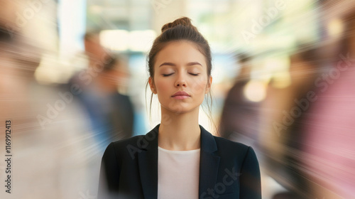 woman standing calmly with closed eyes in busy environment, exuding tranquility amidst chaos. Her serene expression contrasts with blurred motion around her