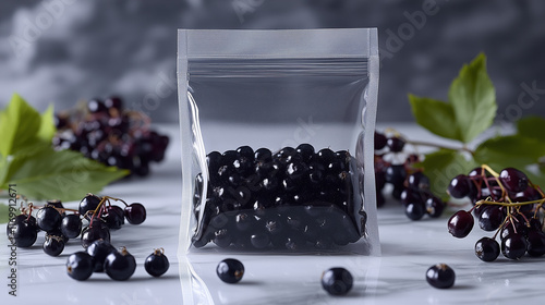 Clear poly bag filled with elderberry extract powder, elderberries nearby, minimal and fresh presentation. photo