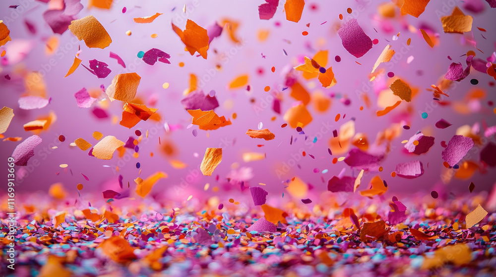 Colorful confetti falling and scattered on a vibrant pink background. Colorful confetti falling and scattered on a vibrant pink background.