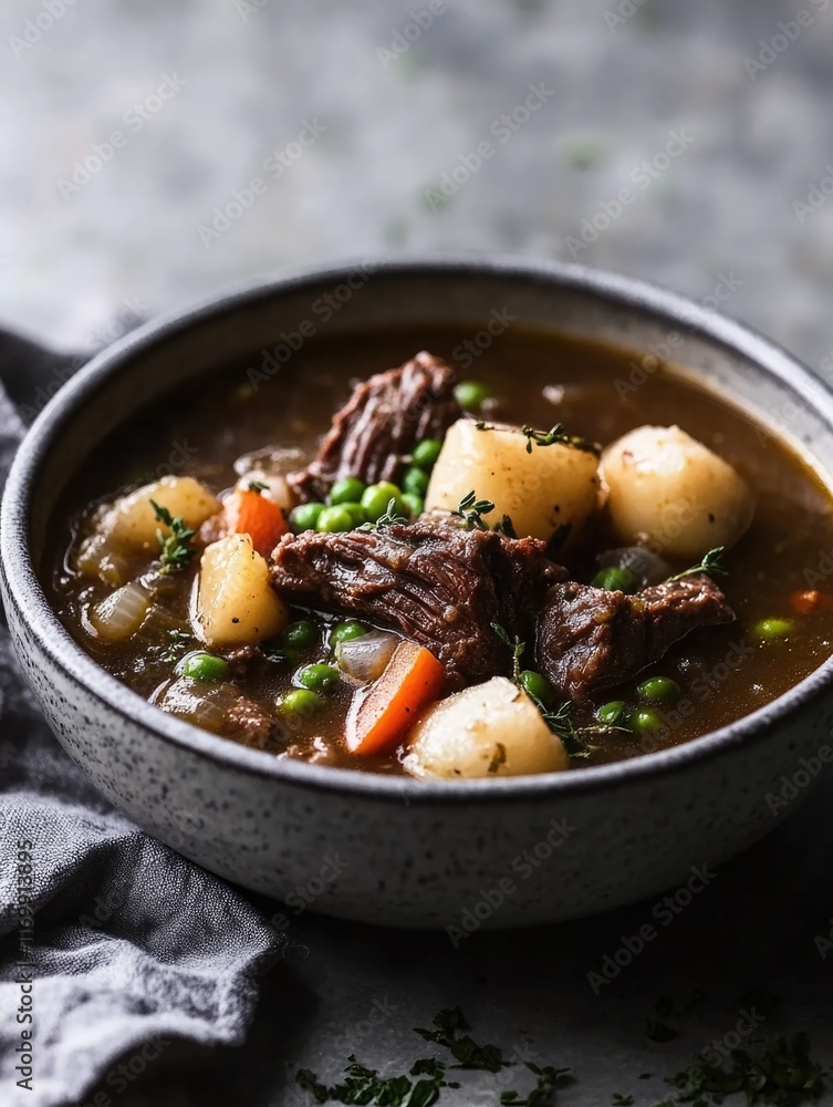 Bowl of stew with meat and vegetables. The stew is brown and has a rich, hearty flavor. The vegetables include carrots and peas, which add color and texture to the dish Bowl of stew with meat and vegetables. The stew is brown and has a rich, hearty flavor. The vegetables include carrots and peas, which add color and texture to the dish
