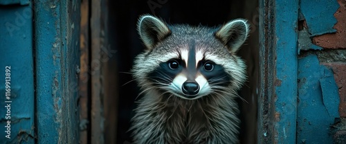 Curious Raccoon Peeking Through a Cracked Blue Doorway