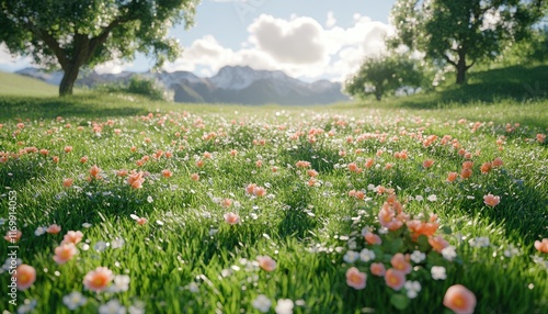 Lush green field with blooming peach flowers, and trees in background under sunny sky. Perfect for spring, nature, and peace themes; evokes serenity and natural beauty.