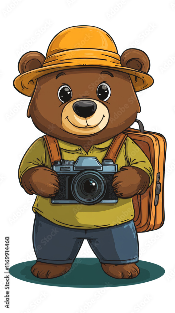 Fototapeta premium A cute cartoon bear holding a camera.