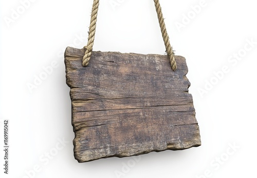 Rustic wooden sign hanging on rope, isolated. photo