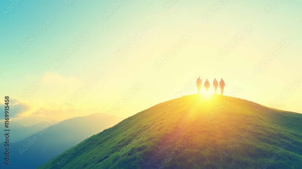 Fototapeta premium Group of hikers traverses a mountain ridge at dawn, basking in the warm glow of the rising sun, surrounded by stunning natural landscapes
