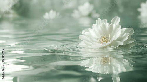 A close-up side angle of a white lily floating on water, capturing its reflection and subtle water ripples.