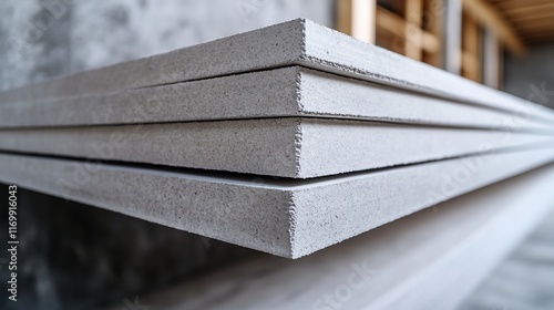 Stack of fiber cement boards at construction site.