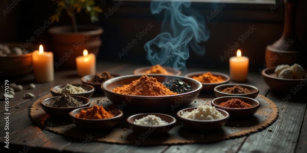 Naklejka premium Aromatic Spices and Incense Steam on Dark Wooden Table