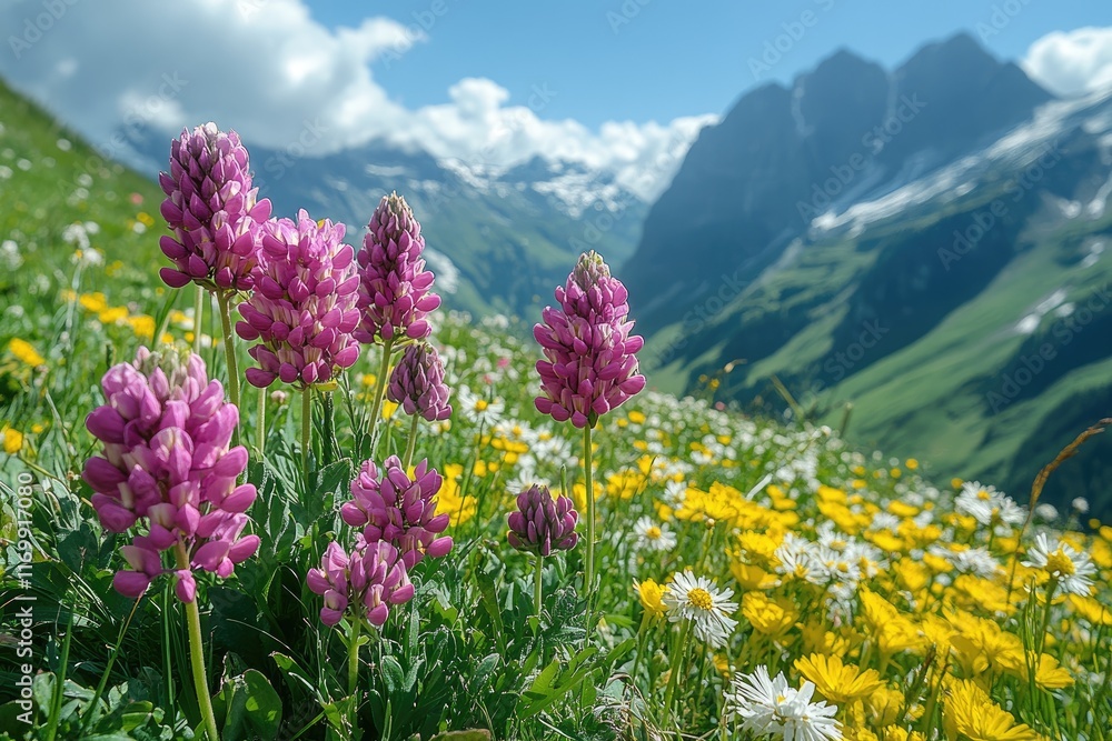 Obraz premium Vibrant pink wildflowers bloom in alpine meadow. Perfect for travel, nature, and springtime themes.