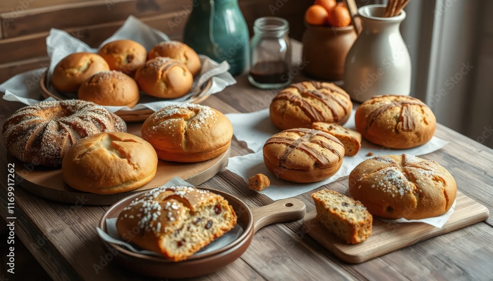 Delicious Variety of Homemade Breads on Rustic Wooden Table Delicious Variety of Homemade Breads on Rustic Wooden Table