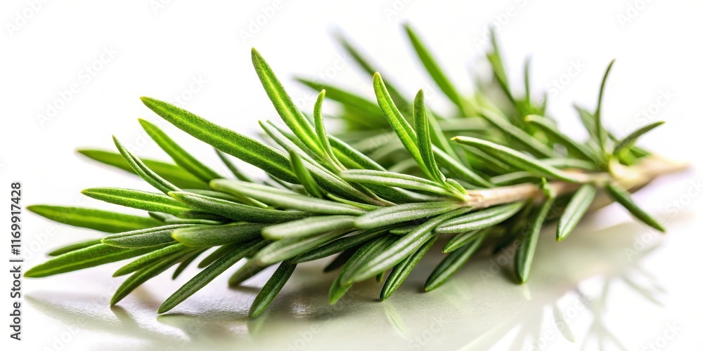 Fototapeta premium Fresh rosemary leaves isolated on white background with soft focus effect and warm lighting, showcasing the herbal's delicate texture and aromatic fragrance, spices, botanical illustration