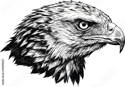 Intricate Hand-Drawn Eagle Head Illustration with Detailed Feathers and Piercing Gaze