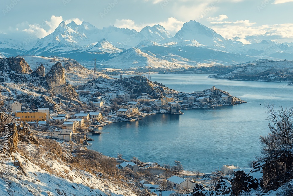 Snowy mountain range overlooking a winter lake with a village on the shore. Snowy mountain range overlooking a winter lake with a village on the shore.
