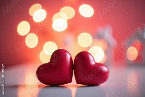 Red Heart Shaped Decorations with Bokeh Lights Background Perfect for Valentine's Day or Romantic Decor