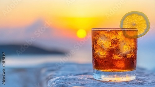 Refreshing iced tea with lemon sits on a stone surface, capturing the vibrant colors of a summer sunset photo