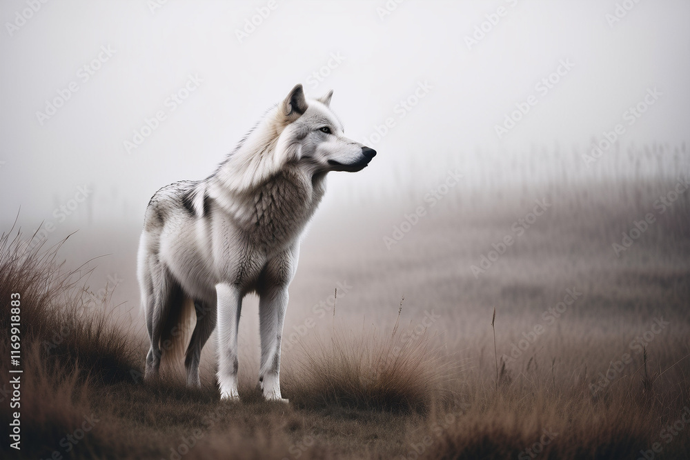 Obraz premium Brown monochrome picture foggy background a wolf silhouette close-up, looking into the distance with messy grassland nearby