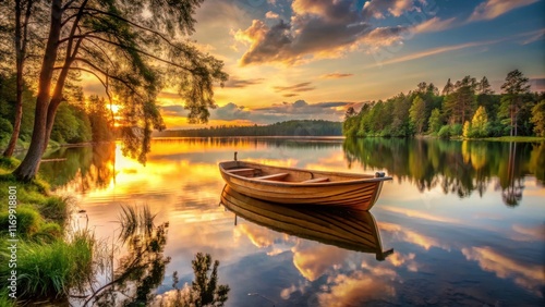 A serene lake scene with a wooden boat and surrounding trees at sunset, woodsy, tranquil,  woodsy, tranquil
