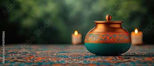 [Traditional Indian altar setup with incense holder and candles] Traditional Indian Throifera Incense Holder Setup for Meditation and Spirituality Ceremony photo