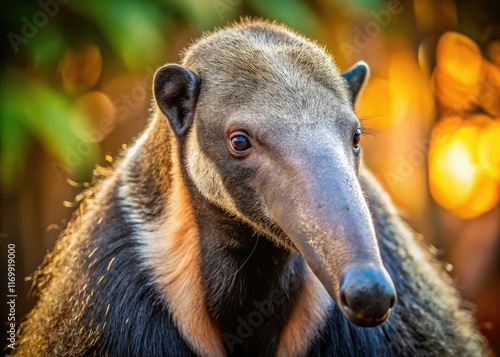 Close-up portrait of a giant anteater, showcasing its unique facial features in a striking wildlife photograph. photo