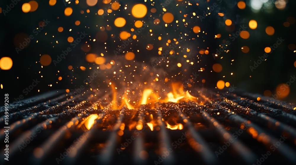 Fototapeta premium Embers of Night: A fiery BBQ grill with sparks flying