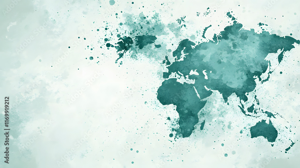 Obraz premium Abstract watercolor world map in shades of teal and green with a splattered background