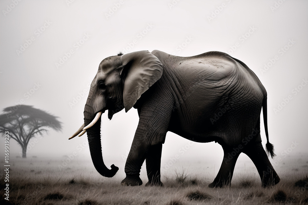 Fototapeta premium Brown monochrome picture foggy background a elephant silhouette close-up, looking into the distance with messy grassland nearby