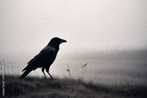   Brown monochrome picture foggy background a crow's silhouette close-up, looking into the distance with messy grassland nearby photo