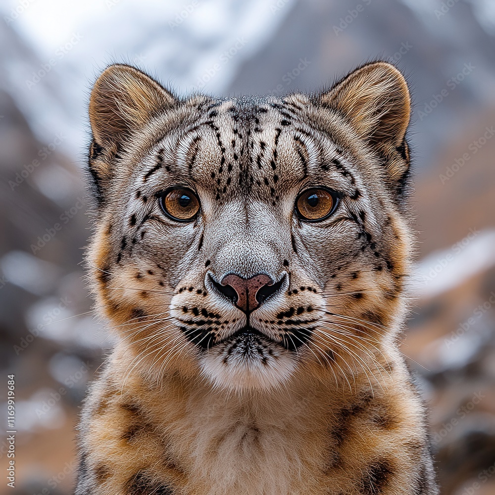 Fototapeta premium [Closeup portrait of a snow leopard in snowy landscape] Snowy Majesty Close-Up Portrait of a Majestic Snow Leopard Staring Directly into Camera.