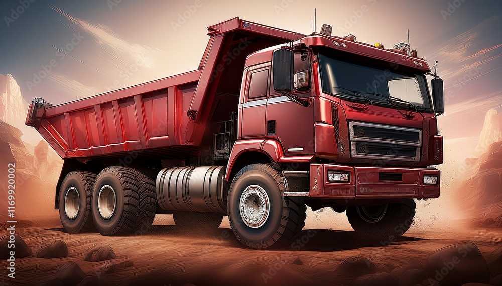 A red dump truck stands on a rugged terrain under a dramatic sky, showcasing its powerful build and industrial design. A red dump truck stands on a rugged terrain under a dramatic sky, showcasing its powerful build and industrial design.