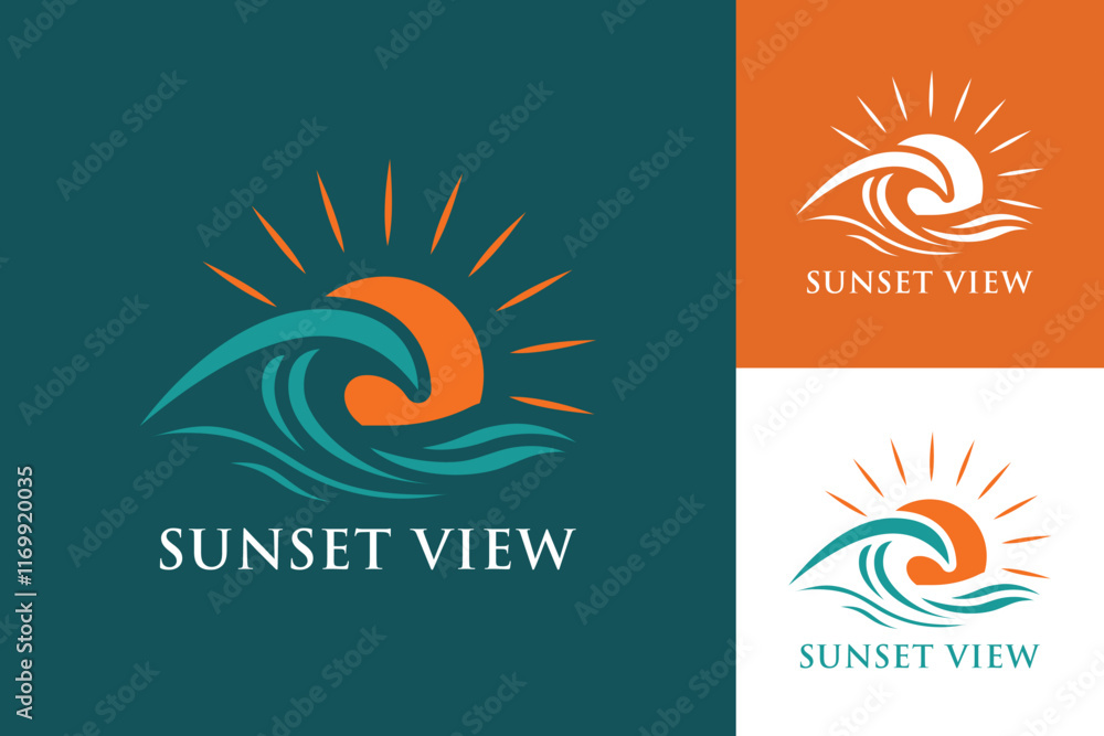 Obraz premium Sunset View Logo Design Featuring Ocean Wave and Sun