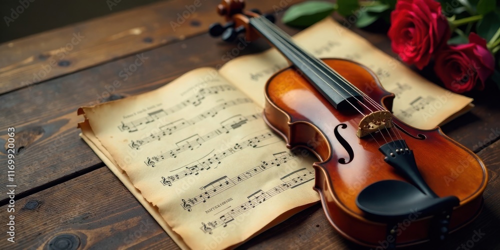 Fototapeta premium A Violin Resting on Antique Sheet Music Beside Romantic Red Roses