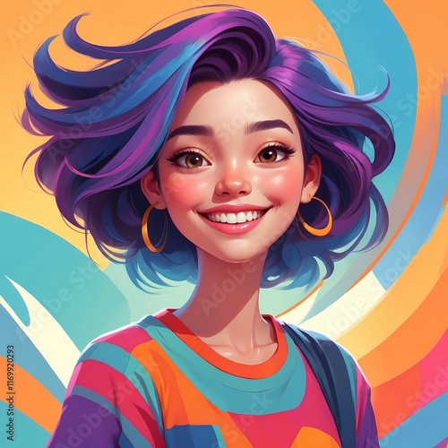 Playful Digital Girl Portrait Illustration with Smooth Shading and Lively Colors
