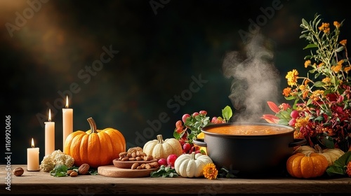 [Harvest Festival spirituality feasting gratitude] Autumn Harvest Table with Warm Ambiance and Seasonal Decor. photo