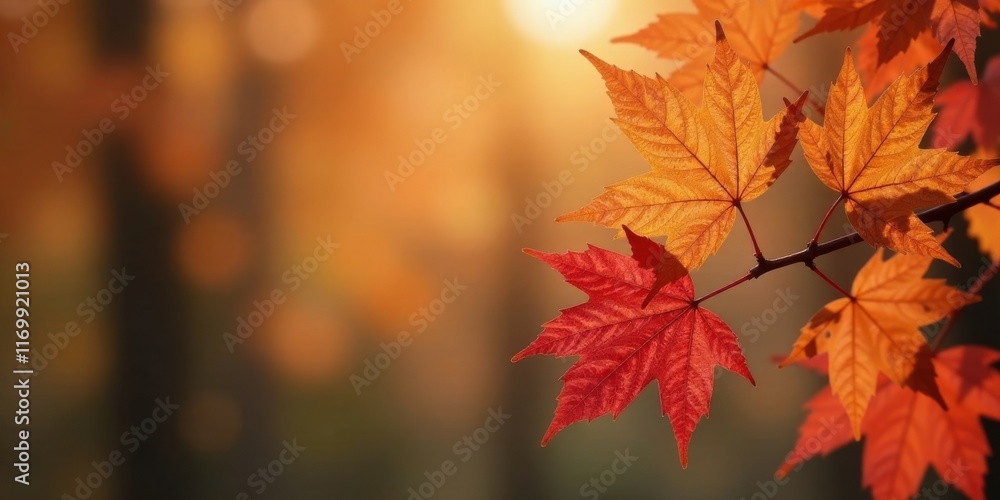 Autumnal foliage illuminated by warm sunlight, showcasing vibrant red and orange leaves on a branch Autumnal foliage illuminated by warm sunlight, showcasing vibrant red and orange leaves on a branch