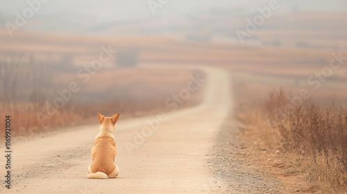 A solitary dog sits on a deserted road, gazing into the distance where the path fades into the horizon under a cloudy sky